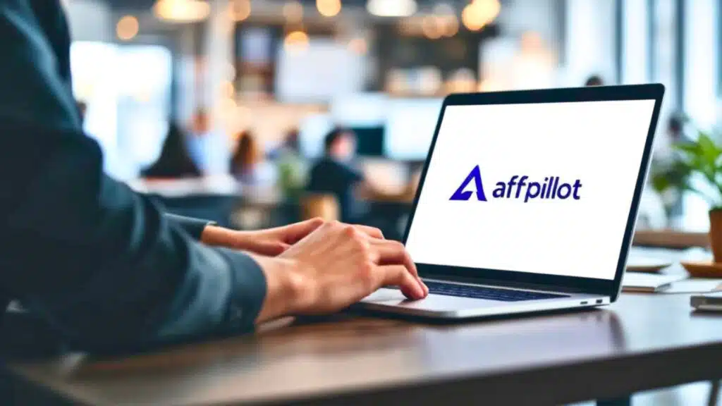 A person using Affpilot AI writing software on a laptop in a professional setting.