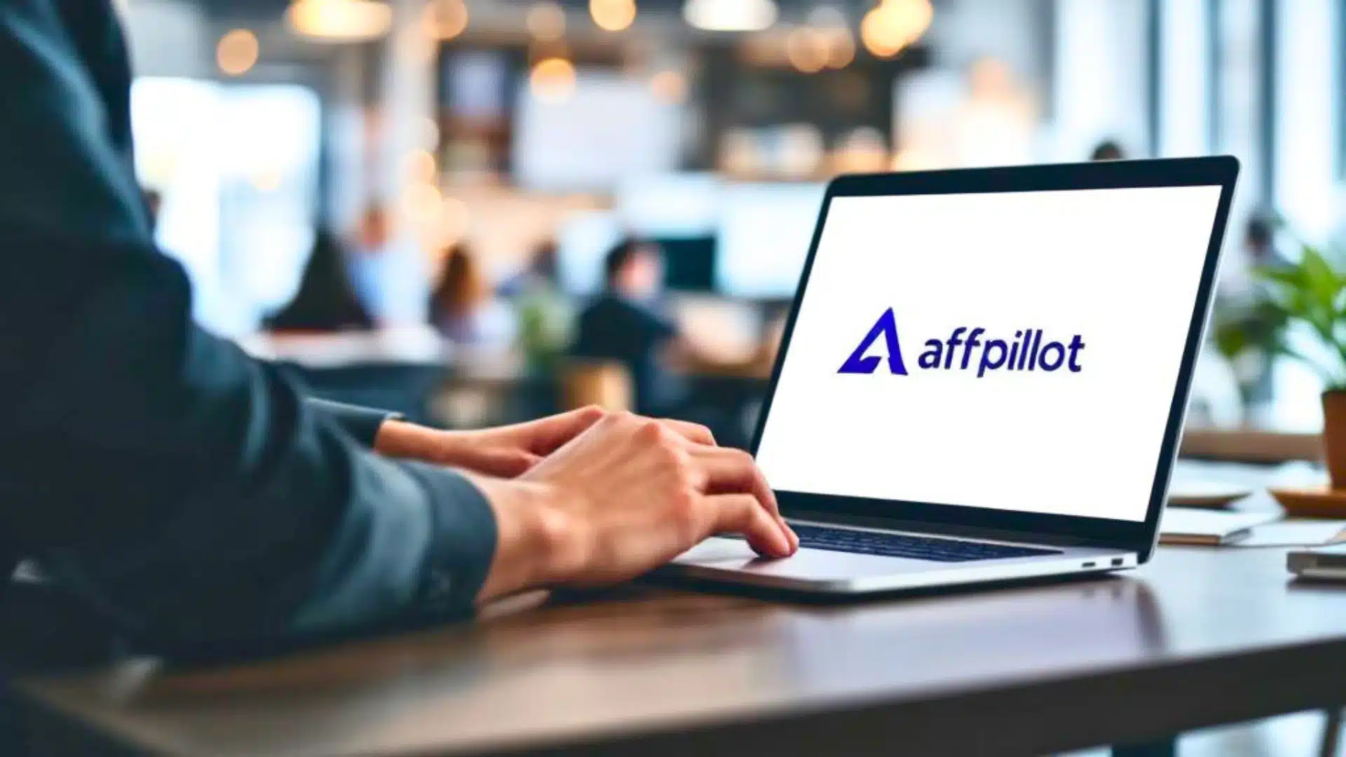 A person using Affpilot AI writing software on a laptop in a professional setting.