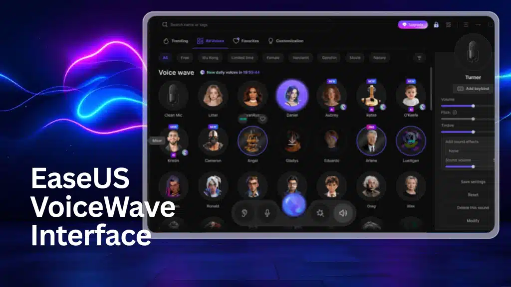 EaseUS VoiceWave software interface showing voice effects and settings.
