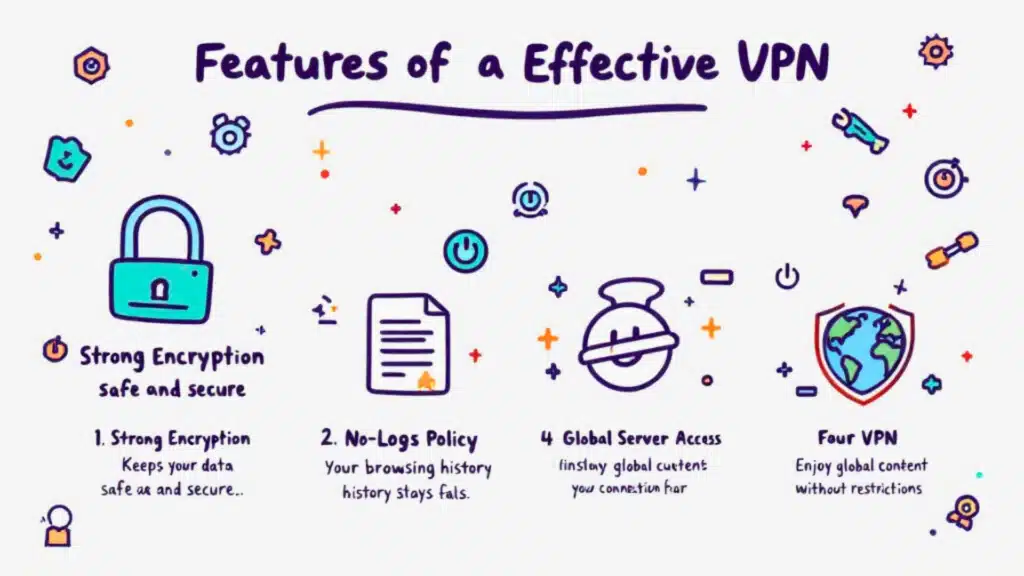 An infographic checklist on a tablet screen, displaying key VPN features like strong encryption, a no-logs policy, a kill switch, and a global server network with corresponding icons.