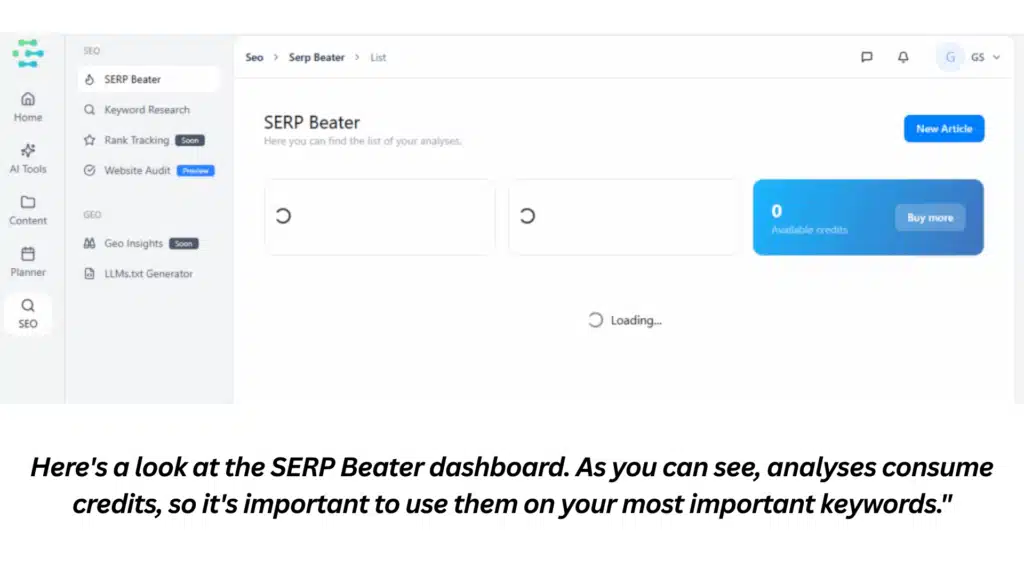 Screenshot of the Creaitor.ai SERP Beater feature showing the user interface and available credits.