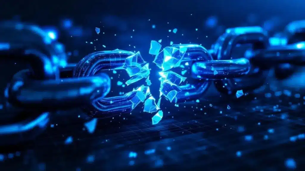 A digital art image of a glowing blue chain exploding and shattering in the center.