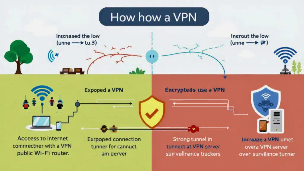 An infographic comparing an unsecured internet connection, which is exposed to hackers, with a secure VPN connection that routes data through an encrypted server.