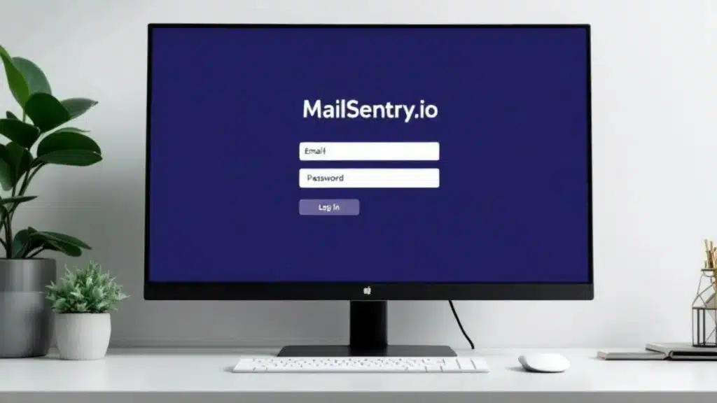 A photo of a computer monitor on a desk displaying the MailSentry.io login screen.