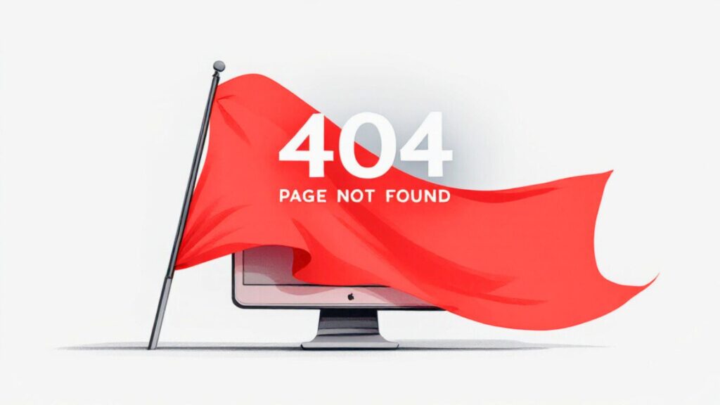 An illustration of a red flag in front of a computer screen showing a 404 error, symbolizing the warning that the Zagomail website is down.