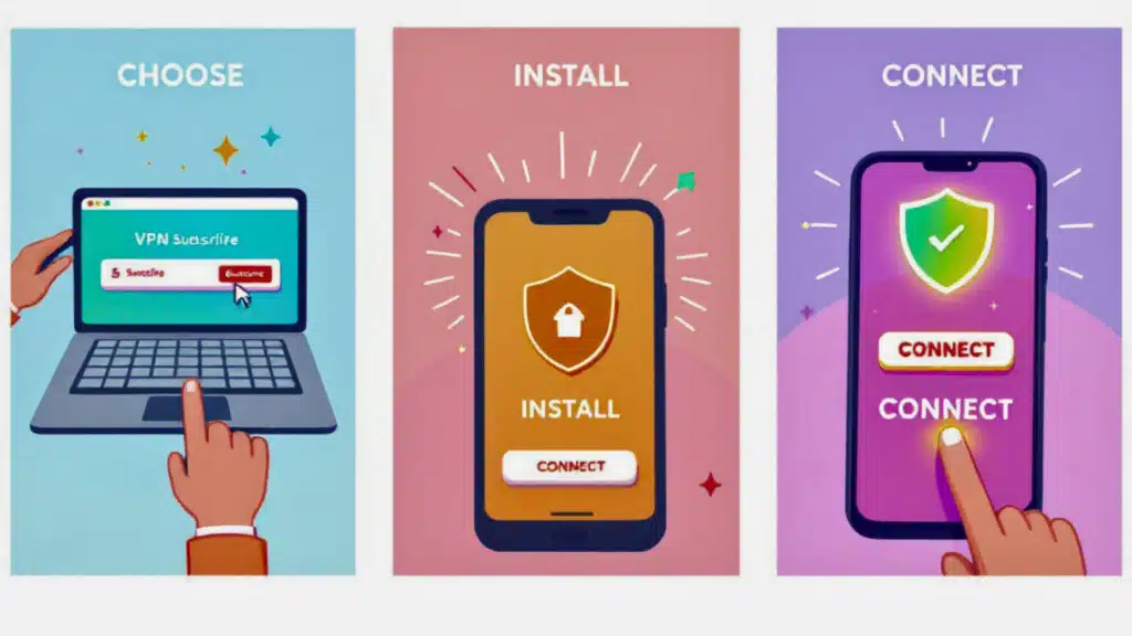 A three-panel guide showing the simple process of setting up a VPN: choosing a provider, installing the app, and connecting with a single click.