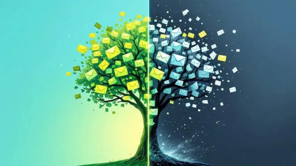 A digital illustration of a tree split in half, with one side healthy with green envelope leaves and the other side decaying with gray, crumbling leaves.