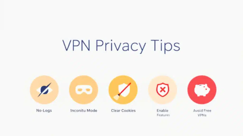 A graphic listing top VPN privacy tips with icons for no-logs, incognito mode, clearing cookies, enabling security features, and avoiding free VPNs.