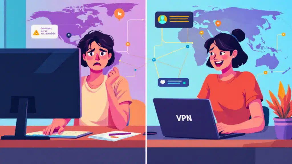 A split-screen image showing a frustrated person blocked from content on one side, and the same person happily streaming a movie with a VPN on the other side.