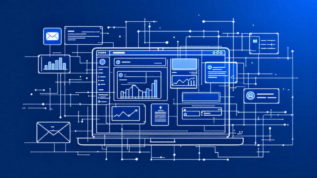 A blueprint of a software dashboard, representing the promised features and design of the Zagomail platform.