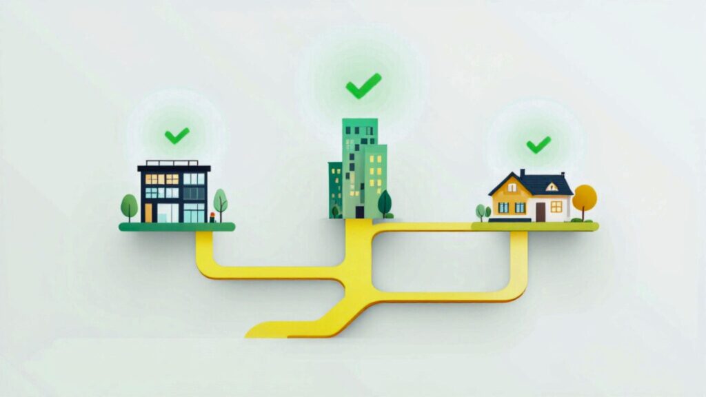 A single path branching to three stable buildings, representing the choice of reliable alternatives to Zagomail